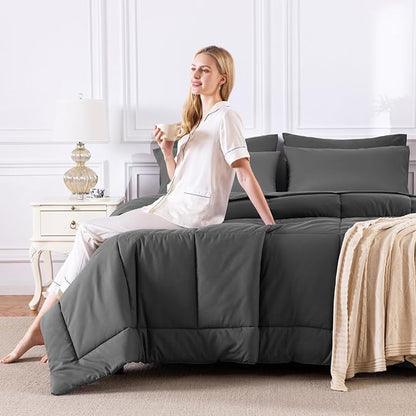 CozyLux California King Comforter Sets Dark Grey, 7 Pieces Cal King Bed in a Bag, All Season Bedding Sets with Stitch Quilted Comforter, Flat Sheet, Fitted Sheet, Pillowcases