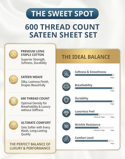 LANE LINEN Queen Sheet Set - 600 Thread Count Premium Soft Long Staple 100% Cotton Sheets, Hotel Luxury Sateen Silky Finish, Snug Fit 15" Deep Pocket, Low Pill, Machine Washable - White Sheets