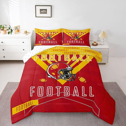 Feelyou Football Bedding Set Boys Girls Queen Size Comforter Set Sports Theme Women Men Football City Comforter Rugby Sports Duvet Quilt Red Yellow Room Decor