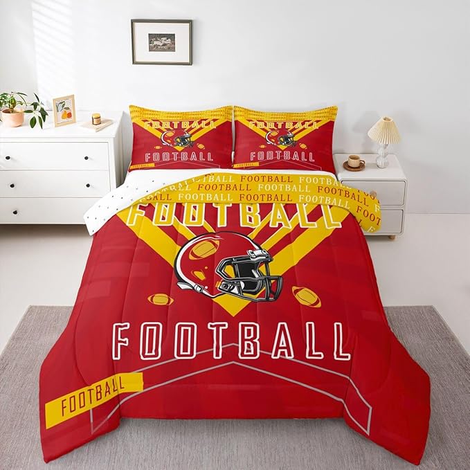 Feelyou Football Bedding Set Boys Girls Toddler Size Women Men Football City Comforter Rugby Sports Duvet Quilt Red Yellow Room Decor