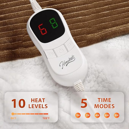 Homemate Electric Blanket Full Size- 72"x84" Heated Blanket Full Size 1/2/4/6/8 Hours Auto-Off 10 Heat Levels Over-Heat Protection Soft Flannel Sherpa Full Size ETL Certification