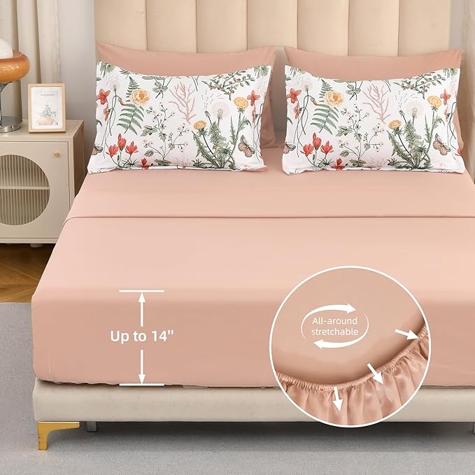 Yiran 7 Piece Floral Comforter Set Queen Size, Pink Green Summer Comforter Bedding Set, Botanical Bed in a Bag with Flowers Pattern, Soft Microfiber Complete Bedding Set with Sheets for All Season
