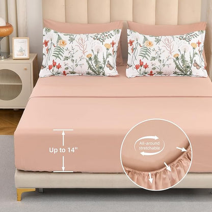 Yiran 7 Piece Floral Comforter Set Queen Size, Pink Green Summer Comforter Bedding Set, Botanical Bed in a Bag with Flowers Pattern, Soft Microfiber Complete Bedding Set with Sheets for All Season