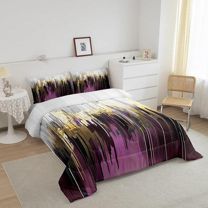 Erosebridal Purple Gradient Bedding King Oil Painting Stripe Comforter Set, Brush Marks Contemporary Ombre Duvet Insert Watercolor Graffiti Down Comforter, Aesthetic Modern Bedding Comforter Sets