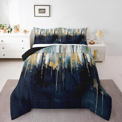 Erosebridal Navy Blue Comforter Full Graffiti Ombre Bedding Set, Brush Strokes Oil Painting Down Comforter Modern Contemporary Bed Set, Chic Vintage Abstract Gradient Quilted Duvet 3pcs