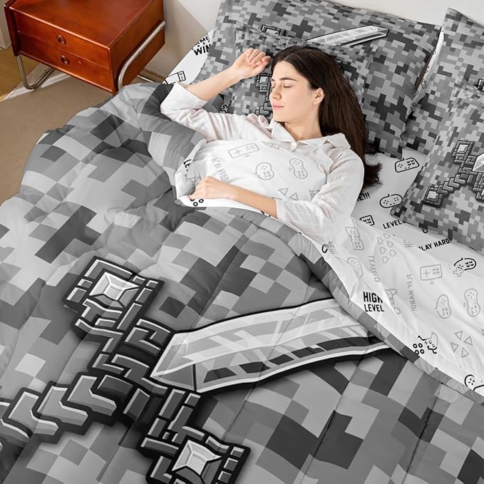Castle Fairy Grey Pixel Style 7 Piece Comforter Set Queen Size,Geometric Miner Grid All Season Reversible Bed in a Bag Cool Sword Bedding Sets Video Games Flat Sheet,Fitted Sheet,Pillowcases