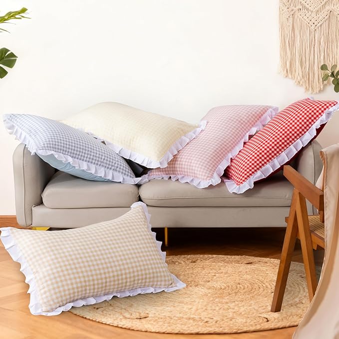A Nice Night 5 Pieces Lightweight Soft Rustic Yellow Ruffle Comforter, Plaid Checkered Chic Bedding Comforter Set for Queen Bed