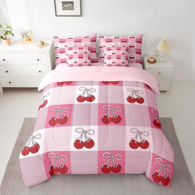 Feelyou Cherry Prints Comforter Set Queen Size 7 Pieces Pink Bow Bedding Set for Kids Boys Girls Buffalo Check Bed in a Bag with Comforter, Sheets, Pillowcases, Cushion Covers Cute Fruit
