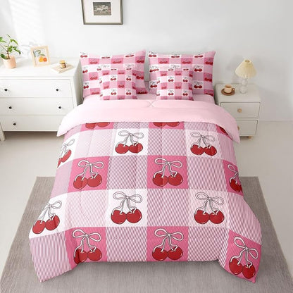 Feelyou Cherry Prints Comforter Set Full Size 7 Pieces Pink Bow Bedding Set for Kids Boys Girls Buffalo Check Bed in a Bag with Comforter, Sheets, Pillowcases, Cushion Covers Cute Fruit Bedroom Decor