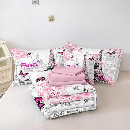 Paris Bedroom Comforter Set Pink France Bedding Comforter Queen Size Bed in a Bag with Pink Sheet Set Cherry Blossom Butterfly Women Girls Queen Bed Set