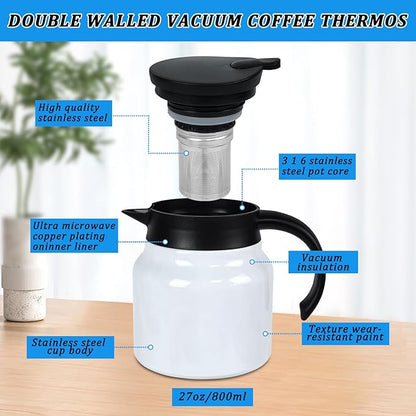 Small Thermal Coffee Carafe Stainless Steel Insulated Creamer Carafe Tea Pot 27Oz Insulation Pot (Black and White, 800ML(27Oz))