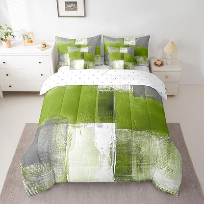 Erosebridal Grass Green White Gray Bedding Comforter Sets 7pcs Abstract Bedding Set, Grunge Twin Size Comforter Set (1 Comforter, 1 Fitted Sheet, 1 Flag Sheet, 2 Pillowcases, 2 Throw Pillow Covers)