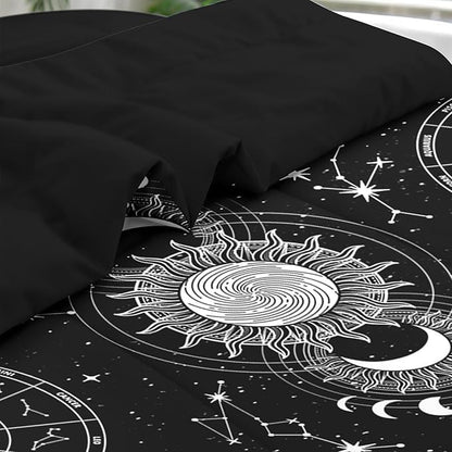 Comforter Set Twin Size, Sun Moon Tarot Vintage 5 Pcs Bedding for Kids and Adults, Boho Bohemian Retro Bed Sheet Sets with Fitted Sheet Pillowcase & Sham for Bedroom Bed Decor