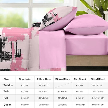 Nesker 7 Pcs Comforter Set King Size, Modern Abstract Graffiti Art Bedding Set for Kids and Adults, Children Pink Black Bed Sheet Sets with Fitted Sheet 2 Pillowcases & 2 Shams