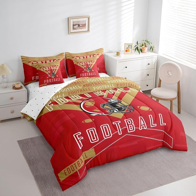 Feelyou Football 7 Pieces Comforter Sets Queen Size Bedding Set for Boys Kids Teen Sports Theme Football City Bed in a Bag with Comforter, Sheets, Pillowcases & Cushion Cover