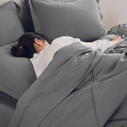 SLEEP ZONE Twin Comforter Set, 7 Pieces Comforter Bed in A Bag, Solid Color All Season Soft Down Alternative Comforter & Luxurious Microfiber Bed Sheets (Grey Square, Twin)