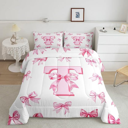 Erosebridal Kawaii Bowknot Girls Toddler Bedding Set Cute Initial Letter T Bow Bedding Comforter Sets Dreamy Princess Style Comforter Set for Kids Teen Women,Pink Chic Girly Bed Set Bedroom Decor