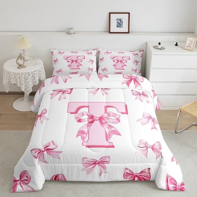 Erosebridal Kawaii Bowknot Girls Queen Bedding Set Cute Initial Letter T Bow Bedding Comforter Sets Dreamy Princess Style Comforter Set for Kids Teen Women,Pink Chic Girly Bed Set Bedroom Decor