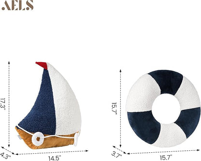 AELS Sailboat & Lifebuoy Nautical Throw Pillows Set of 2, Coastal Decor for Beach Enthusiasts Beach House, Ideal for Sofa Couch Living Room Bedroom and Nursery, Navy Blue and White