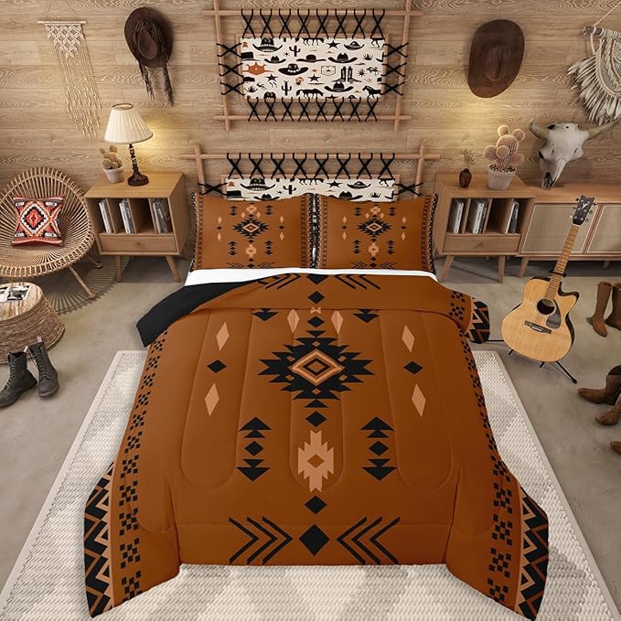 Western Aztec Full Size Bedding Set, Native American Navajo Comforter Set For Boys Adult Teens, Southwestern Geometric Duvet Insert Ethnic American Native Quilt Rustic Farmhouse Decor, Brown Black