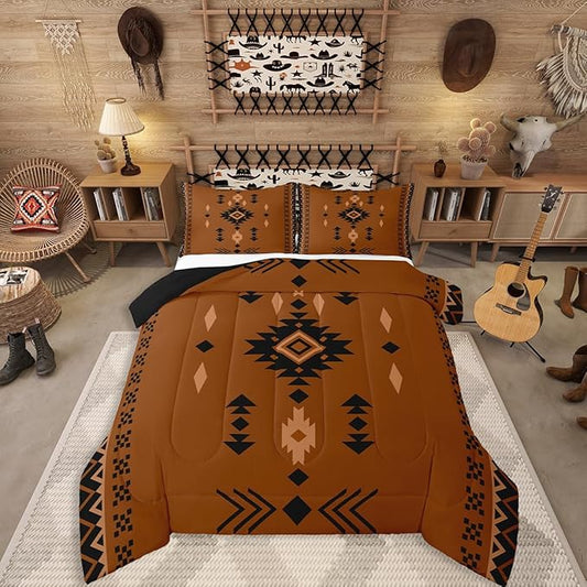 Western Aztec King Size Bedding Set, Native American Navajo Comforter Set For Boys Adult Teens, Southwestern Geometric Duvet Insert Ethnic American Native Quilt Rustic Farmhouse Decor, Brown Black