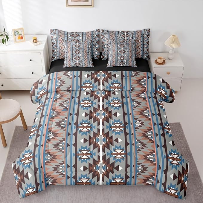 Erosebridal 7 Piece Western Bed in A Bag Queen Southwestern Aztec Comforter Set for Kids Teens Rustic Bohemian Geometric Bedding Sets Vintage Country Tribal Aesthetic Sheet Set with Comforter