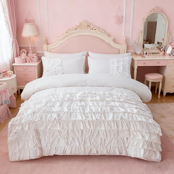 Holawakaka White Waterfall Ruffle Comforter Set Queen Size Multi-Layers Ruffled Shabby Chic 3PCS Bedding Set for Girls Women, White Queen