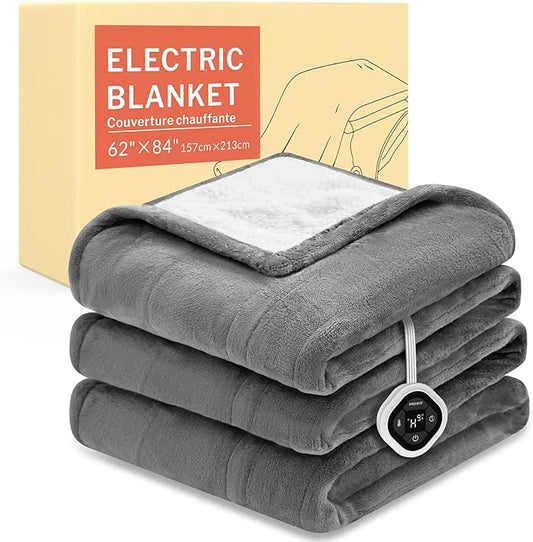 HOMLYNS LuxeHeat Heated Blanket Electric Blanket Twin Size, Soft Flannel Sherpa Heating Blanket with 10 Heat Settings, 1-10 hrs Timer Auto Shut Off (62x84 inches, Grey)