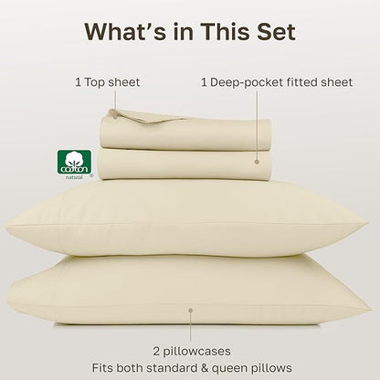 California Design Den Queen Bed Sheets Set - 1000 Thread Count Sateen, Thick and Natural 100% Cotton Sheets Queen Size, Deep Pockets, Durable Bedding Set - Ivory (Creamy Beige Tone)