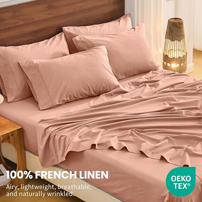 Bedlifes 100% French Linen Sheets King Size 18-24”Extra Deep Pocket 4-Piece Set Breathable & Moisture-Wicking,Soft & Durable Sheets for Thick Mattresses(Blush Pink)