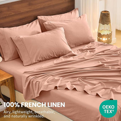 Bedlifes 100% French Linen Sheets King Size 18-24”Extra Deep Pocket 4-Piece Set Breathable & Moisture-Wicking,Soft & Durable Sheets for Thick Mattresses(Blush Pink)