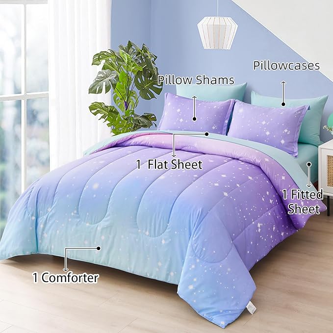 Drucon Rainbow Kids Comforter Set for Girls,6 Pieces Bed in a Bag Twin Size, Ultra Soft Microfiber Bedding Set(1 Comforter, 1 Flat Sheet, 1 Fitted Sheet, 1 Pillow sham, 2 Pillowcases)
