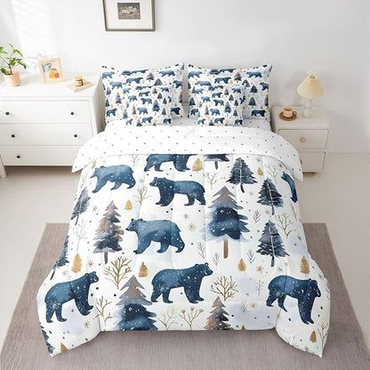 Erosebridal Cabin Bear 7 Piece Comforter Set Twin | Wildlife Jungle Hunting Bed in A Bag Wild Animals Farmhouse Sheet Set Winter Snowflakes Pine Trees Fitted Sheet Breathable Lightweight