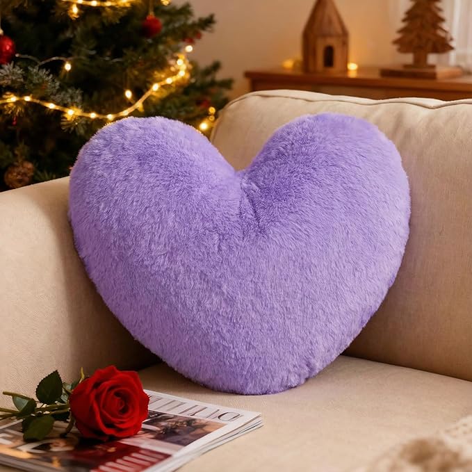 Nydotd Heart Pillows Cute Fuzzy Throw Pillow Purple Love Heart Shaped Decorate Pillows for Bed Livingroom Sofa Gifts Home Decor Cushion Small 11.8" x 10"