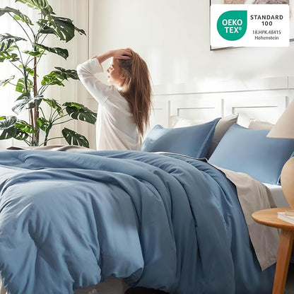 Litanika Comforters Oversized King Size Grayish Blue,3 Pieces Lightweight Solid Bedding Set & Collections, All Season Fluffy Bed Set (120x98In Comforter & 2 Pillowcases)
