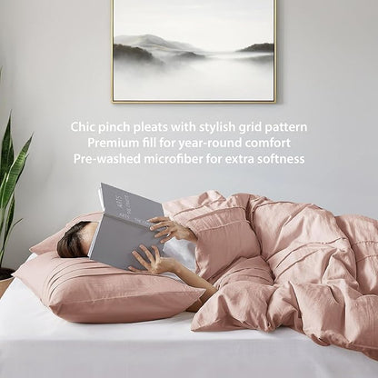 Twin Size Comforter Set Pink, 2 Pieces Bedding Set, Ultra Soft Prewashed Bed Set, Pinch Pleat All Seasons Lightweight Comforter and Sham