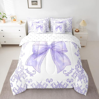 jejeloiu Girls Pretty Ribbon Purple Bow 7 Piece Bedding Set King Size Purple Damask Comforter Set with Sheets for Kids Women Cute Bow Bed in a Bag Princess Bed Set