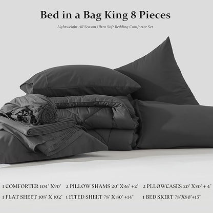 Newspin King Comforter Set Dark Grey - Bed in a Bag King Size 8 Pieces, All Season Bed Set, Fluffy Comforter Set with Sheets, Sheet Set Quilt Blanket, Pillowcases & Shams & Bed Skirt