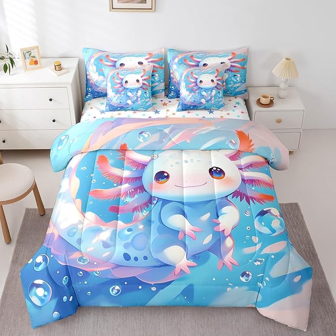 Feelyou Cartoon Salamander Twin Comforter Set with Sheets for Kids Boys Girls Cute Axolotl 7 Pieces Bedding Set Kawaii Ocean Sealife Bed in a Bag Gift for Girls Women Room Lightweight Microfiber