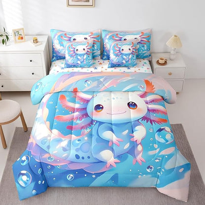 Feelyou Cartoon Salamander Twin Comforter Set with Sheets for Kids Boys Girls Cute Axolotl 7 Pieces Bedding Set Kawaii Ocean Sealife Bed in a Bag Gift for Girls Women Room Lightweight Microfiber