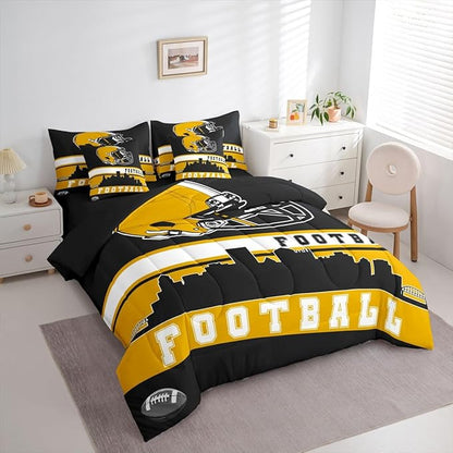 Erosebridal Football City 7 Pcs Comforter Set Full Football Bedding Boys Girls Yellow Black Rugby Game Sheet Set Bed in A Bag Football Fans Room Decor Sports Ball Team Bed Set