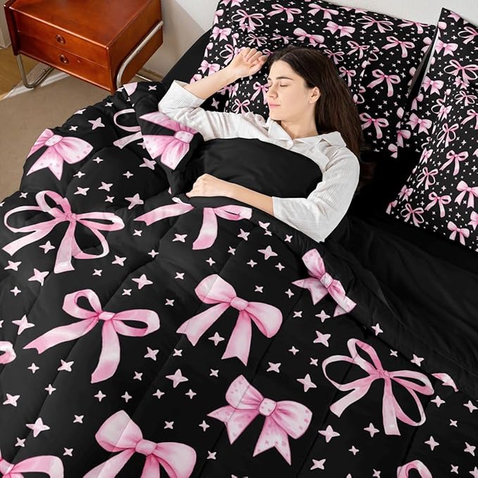 Erosebridal Bowknot Girls Pink Black Kawaii Y2K Full Comforter Set 7 Pieces | Princess Bed in A Bag for Bedroom Princess Bedding Set with Comforters Cute Bow Room Decor