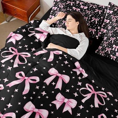 Erosebridal Bowknot Girls Pink Black Kawaii Y2K King 7-Piece Comforter Set | Princess Sheets and Pillowcases Princess Bed in A Bag Cute Bow Bed Sets