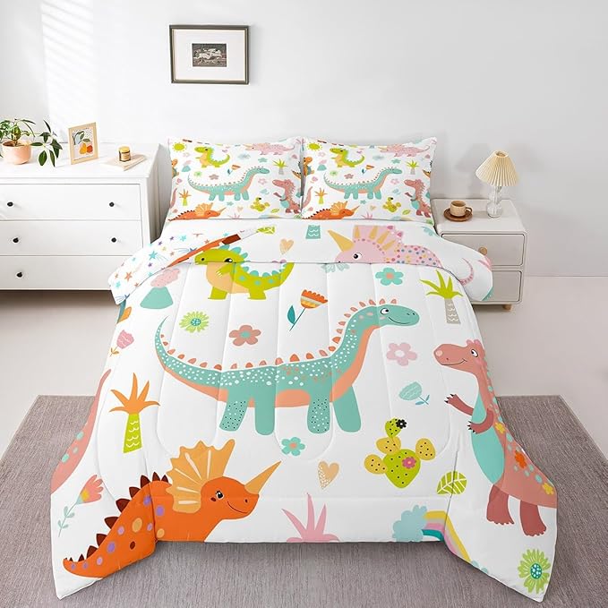 jejeloiu Kids Cartoon Dinosaur Bedding Set Toddle Size Cute Dinosaur Comforter Set for Boys Girls Teens Cute Flower Duvet Set Animal Quilt Set 2Pcs