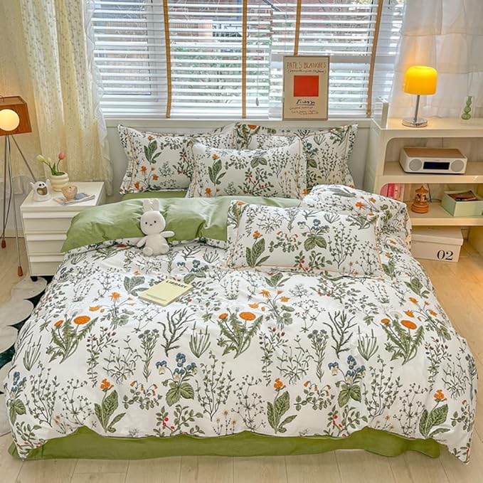 CLOTHKNOW Green White Floral King Size Comforter Set 3Pcs Farmhouse Bedding Comforter Sets Boho Flowers Botanical Comforters