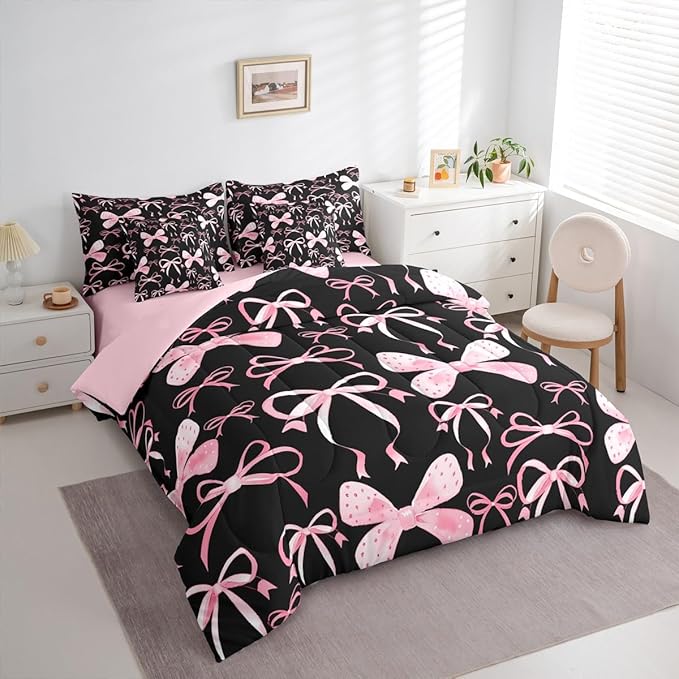 Feelyou Black Pink Bow Twin Comforter Set with Sheets for Kids Boys Girls Cute Bowknot 7 Pieces Bedding Set Kawaii Bed in a Bag Pricess Style Room Decor Soft Lightweight Microfiber