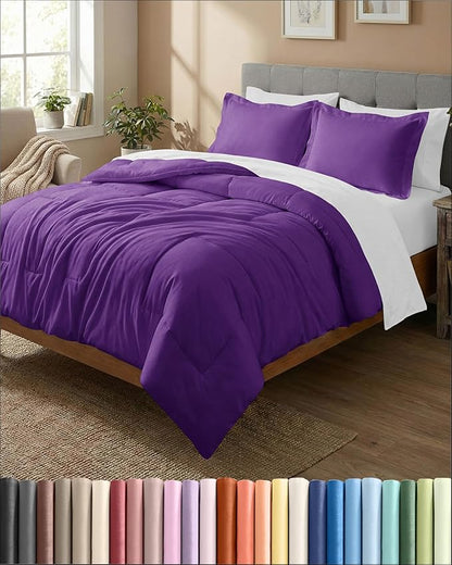 Full Comforter Set - 3 Piece Bed Set for All Seasons - 1 Soft Quilted Comforter w/ Corner Tabs & 2 Pillow Shams - Comfy, Cozy & Breathable - Premium Down Duvet Insert - Oeko-TEX - Full Size, Purple