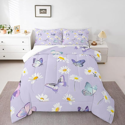 Manfei Purple Comforter Set King Size, Daisy Flower Butterfly Bedding Set 3pcs for Kids Boy Girls Room Decor, Botanical Garden Artwork Quilt Set Soft Polyester Duvet Set with 2 Pillowcases