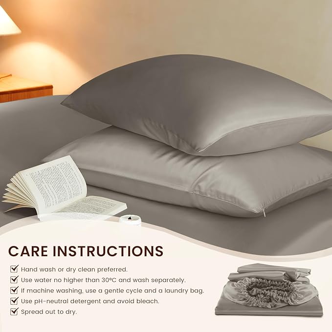 THXSILK Luxury Mulberry Silk Fitted Sheet Set 3 Pcs, Queen Silk Bed Sheet Set with 16" Deep Pockets, Soft & Cooling Sheets, 1 Fitted Sheet, 2 Pillowcases with Zipper Closure - Grey