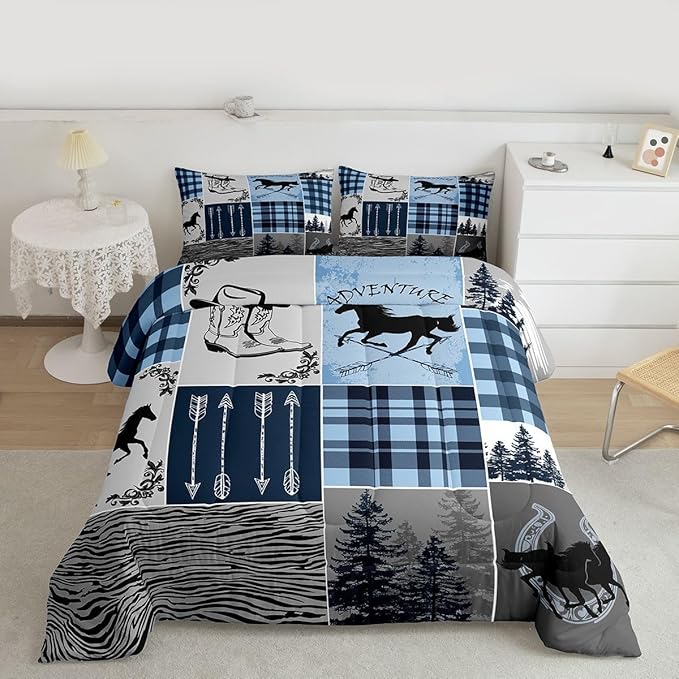Erosebridal Kids Horse Comforter Set, Southwest Horseshoe Bedding Set Vintage Western Riding Boots Quilt Arrow Forest Plaid Patchwork Bedding Comforter Set Rustic Farmhouse Lodge Bedroom Decor, King